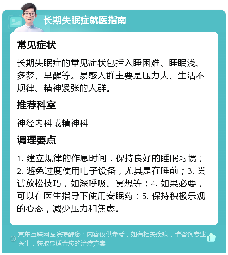 长期失眠症就医指南 常见症状 长期失眠症的常见症状包括入睡困难、睡眠浅、多梦、早醒等。易感人群主要是压力大、生活不规律、精神紧张的人群。 推荐科室 神经内科或精神科 调理要点 1. 建立规律的作息时间，保持良好的睡眠习惯；2. 避免过度使用电子设备，尤其是在睡前；3. 尝试放松技巧，如深呼吸、冥想等；4. 如果必要，可以在医生指导下使用安眠药；5. 保持积极乐观的心态，减少压力和焦虑。