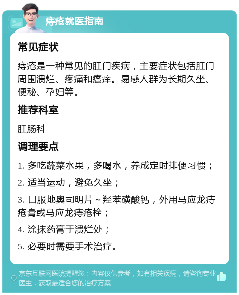 痔疮就医指南 常见症状 痔疮是一种常见的肛门疾病，主要症状包括肛门周围溃烂、疼痛和瘙痒。易感人群为长期久坐、便秘、孕妇等。 推荐科室 肛肠科 调理要点 1. 多吃蔬菜水果，多喝水，养成定时排便习惯； 2. 适当运动，避免久坐； 3. 口服地奥司明片～羟苯磺酸钙，外用马应龙痔疮膏或马应龙痔疮栓； 4. 涂抹药膏于溃烂处； 5. 必要时需要手术治疗。