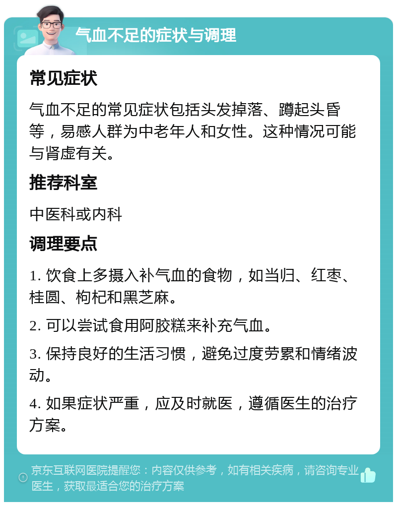 气血不足的症状与调理 常见症状 气血不足的常见症状包括头发掉落、蹲起头昏等，易感人群为中老年人和女性。这种情况可能与肾虚有关。 推荐科室 中医科或内科 调理要点 1. 饮食上多摄入补气血的食物，如当归、红枣、桂圆、枸杞和黑芝麻。 2. 可以尝试食用阿胶糕来补充气血。 3. 保持良好的生活习惯，避免过度劳累和情绪波动。 4. 如果症状严重，应及时就医，遵循医生的治疗方案。