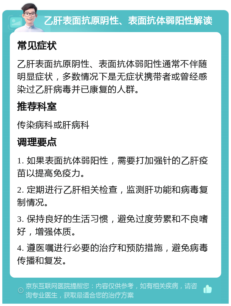 乙肝表面抗原阴性、表面抗体弱阳性解读 常见症状 乙肝表面抗原阴性、表面抗体弱阳性通常不伴随明显症状，多数情况下是无症状携带者或曾经感染过乙肝病毒并已康复的人群。 推荐科室 传染病科或肝病科 调理要点 1. 如果表面抗体弱阳性，需要打加强针的乙肝疫苗以提高免疫力。 2. 定期进行乙肝相关检查，监测肝功能和病毒复制情况。 3. 保持良好的生活习惯，避免过度劳累和不良嗜好，增强体质。 4. 遵医嘱进行必要的治疗和预防措施，避免病毒传播和复发。