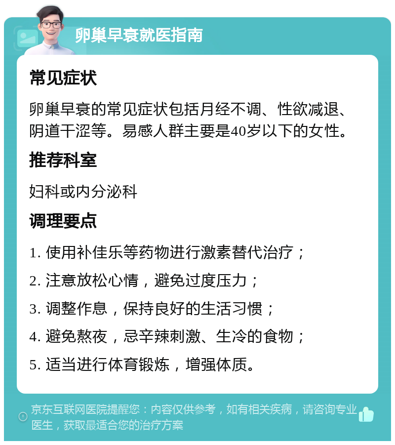 卵巢早衰就医指南 常见症状 卵巢早衰的常见症状包括月经不调、性欲减退、阴道干涩等。易感人群主要是40岁以下的女性。 推荐科室 妇科或内分泌科 调理要点 1. 使用补佳乐等药物进行激素替代治疗； 2. 注意放松心情，避免过度压力； 3. 调整作息，保持良好的生活习惯； 4. 避免熬夜，忌辛辣刺激、生冷的食物； 5. 适当进行体育锻炼，增强体质。