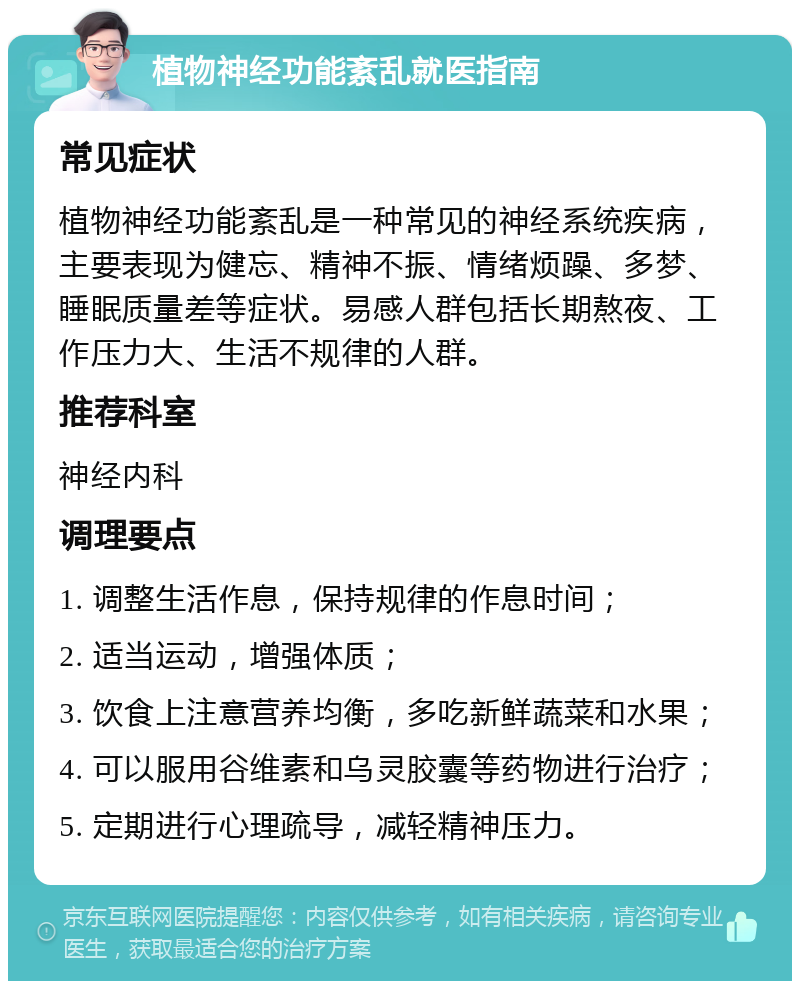 植物神经功能紊乱就医指南 常见症状 植物神经功能紊乱是一种常见的神经系统疾病，主要表现为健忘、精神不振、情绪烦躁、多梦、睡眠质量差等症状。易感人群包括长期熬夜、工作压力大、生活不规律的人群。 推荐科室 神经内科 调理要点 1. 调整生活作息，保持规律的作息时间； 2. 适当运动，增强体质； 3. 饮食上注意营养均衡，多吃新鲜蔬菜和水果； 4. 可以服用谷维素和乌灵胶囊等药物进行治疗； 5. 定期进行心理疏导，减轻精神压力。