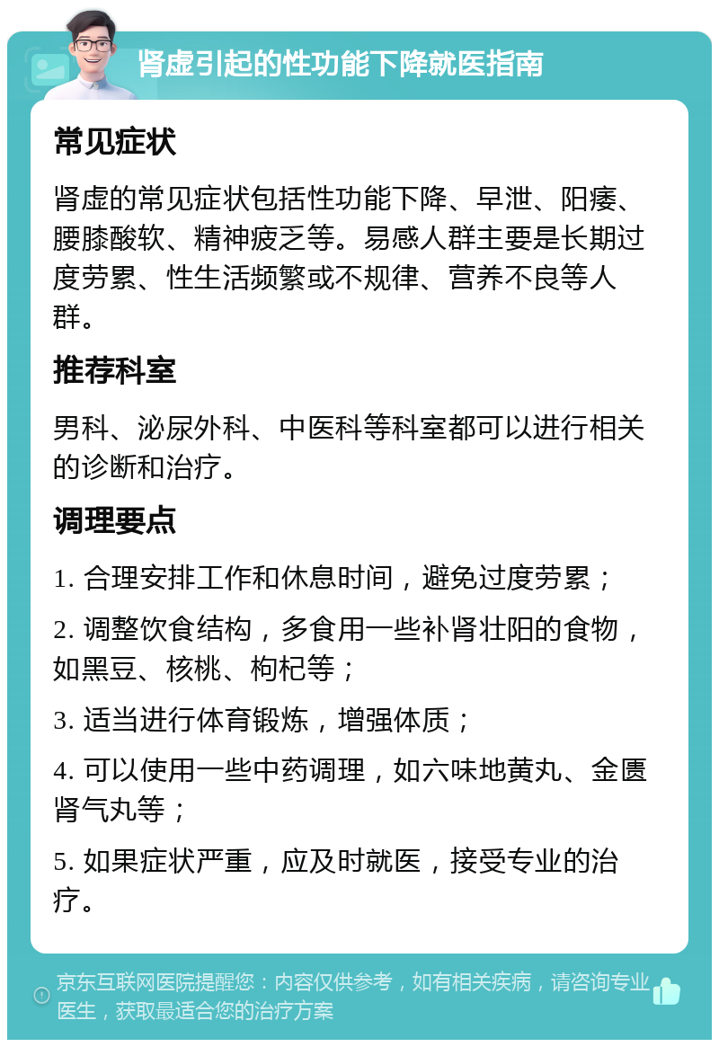 肾虚引起的性功能下降就医指南 常见症状 肾虚的常见症状包括性功能下降、早泄、阳痿、腰膝酸软、精神疲乏等。易感人群主要是长期过度劳累、性生活频繁或不规律、营养不良等人群。 推荐科室 男科、泌尿外科、中医科等科室都可以进行相关的诊断和治疗。 调理要点 1. 合理安排工作和休息时间，避免过度劳累； 2. 调整饮食结构，多食用一些补肾壮阳的食物，如黑豆、核桃、枸杞等； 3. 适当进行体育锻炼，增强体质； 4. 可以使用一些中药调理，如六味地黄丸、金匮肾气丸等； 5. 如果症状严重，应及时就医，接受专业的治疗。