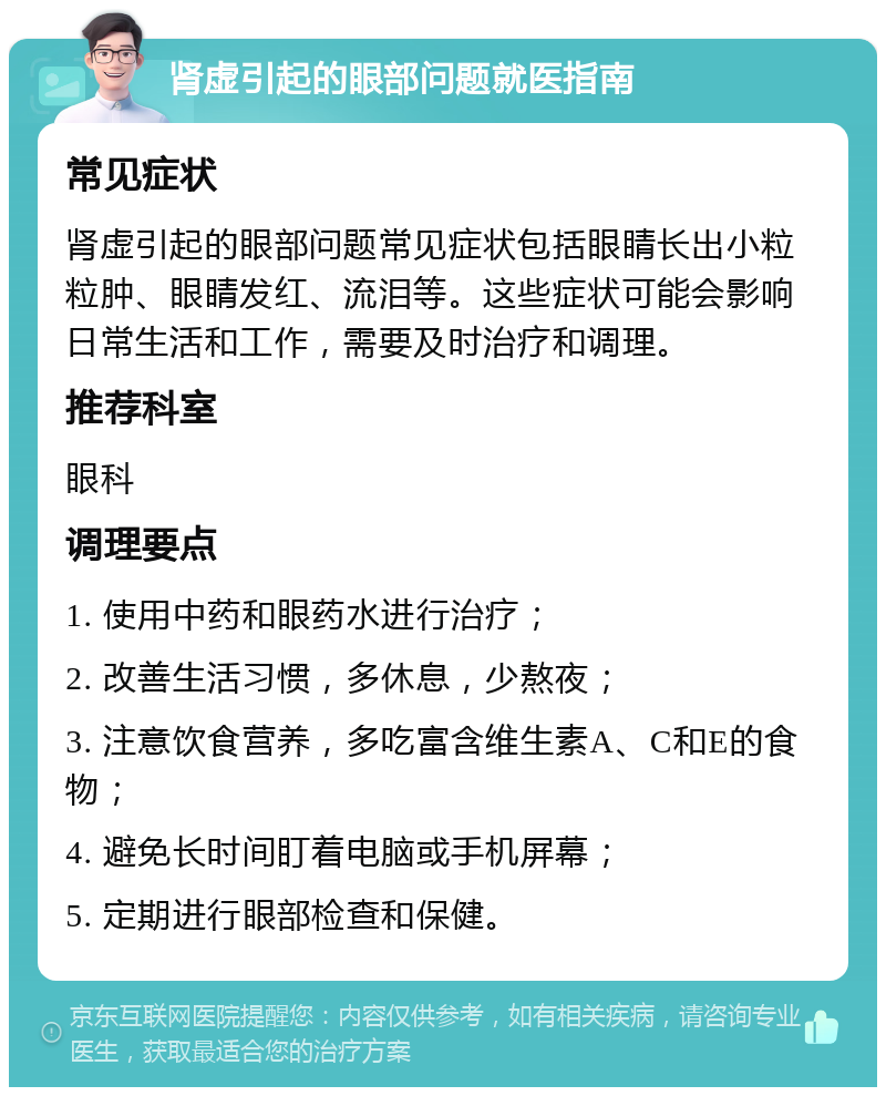 肾虚引起的眼部问题就医指南 常见症状 肾虚引起的眼部问题常见症状包括眼睛长出小粒粒肿、眼睛发红、流泪等。这些症状可能会影响日常生活和工作，需要及时治疗和调理。 推荐科室 眼科 调理要点 1. 使用中药和眼药水进行治疗； 2. 改善生活习惯，多休息，少熬夜； 3. 注意饮食营养，多吃富含维生素A、C和E的食物； 4. 避免长时间盯着电脑或手机屏幕； 5. 定期进行眼部检查和保健。