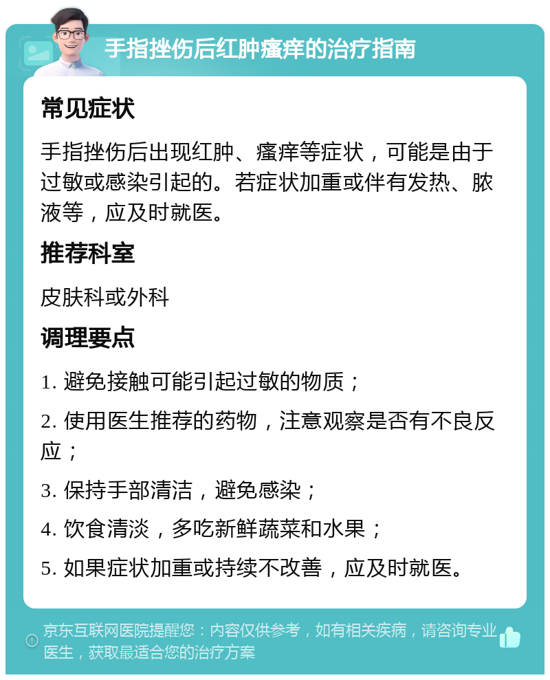 手指挫伤后红肿瘙痒的治疗指南 常见症状 手指挫伤后出现红肿、瘙痒等症状，可能是由于过敏或感染引起的。若症状加重或伴有发热、脓液等，应及时就医。 推荐科室 皮肤科或外科 调理要点 1. 避免接触可能引起过敏的物质； 2. 使用医生推荐的药物，注意观察是否有不良反应； 3. 保持手部清洁，避免感染； 4. 饮食清淡，多吃新鲜蔬菜和水果； 5. 如果症状加重或持续不改善，应及时就医。