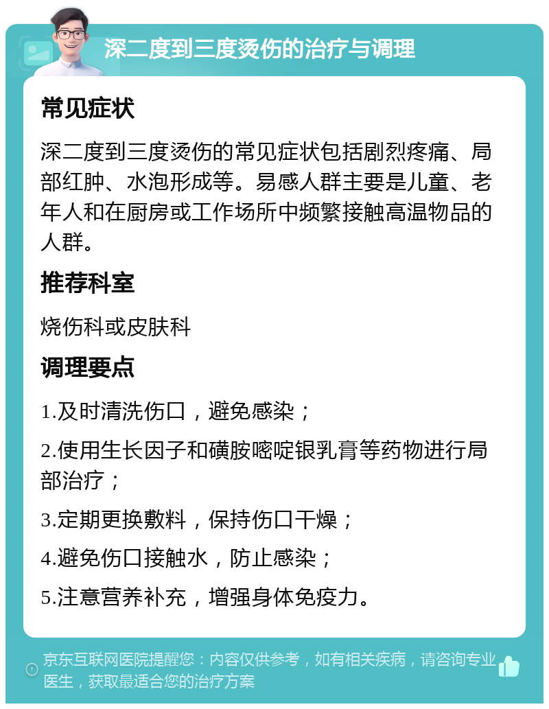 深二度到三度烫伤的治疗与调理 常见症状 深二度到三度烫伤的常见症状包括剧烈疼痛、局部红肿、水泡形成等。易感人群主要是儿童、老年人和在厨房或工作场所中频繁接触高温物品的人群。 推荐科室 烧伤科或皮肤科 调理要点 1.及时清洗伤口，避免感染； 2.使用生长因子和磺胺嘧啶银乳膏等药物进行局部治疗； 3.定期更换敷料，保持伤口干燥； 4.避免伤口接触水，防止感染； 5.注意营养补充，增强身体免疫力。