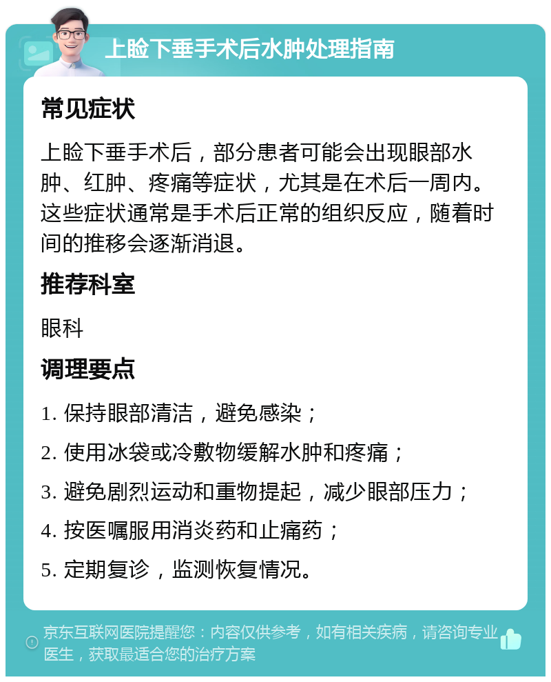 上睑下垂手术后水肿处理指南 常见症状 上睑下垂手术后，部分患者可能会出现眼部水肿、红肿、疼痛等症状，尤其是在术后一周内。这些症状通常是手术后正常的组织反应，随着时间的推移会逐渐消退。 推荐科室 眼科 调理要点 1. 保持眼部清洁，避免感染； 2. 使用冰袋或冷敷物缓解水肿和疼痛； 3. 避免剧烈运动和重物提起，减少眼部压力； 4. 按医嘱服用消炎药和止痛药； 5. 定期复诊，监测恢复情况。