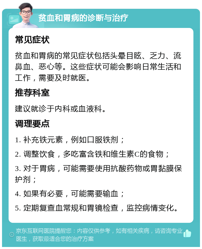 贫血和胃病的诊断与治疗 常见症状 贫血和胃病的常见症状包括头晕目眩、乏力、流鼻血、恶心等。这些症状可能会影响日常生活和工作，需要及时就医。 推荐科室 建议就诊于内科或血液科。 调理要点 1. 补充铁元素，例如口服铁剂； 2. 调整饮食，多吃富含铁和维生素C的食物； 3. 对于胃病，可能需要使用抗酸药物或胃黏膜保护剂； 4. 如果有必要，可能需要输血； 5. 定期复查血常规和胃镜检查，监控病情变化。