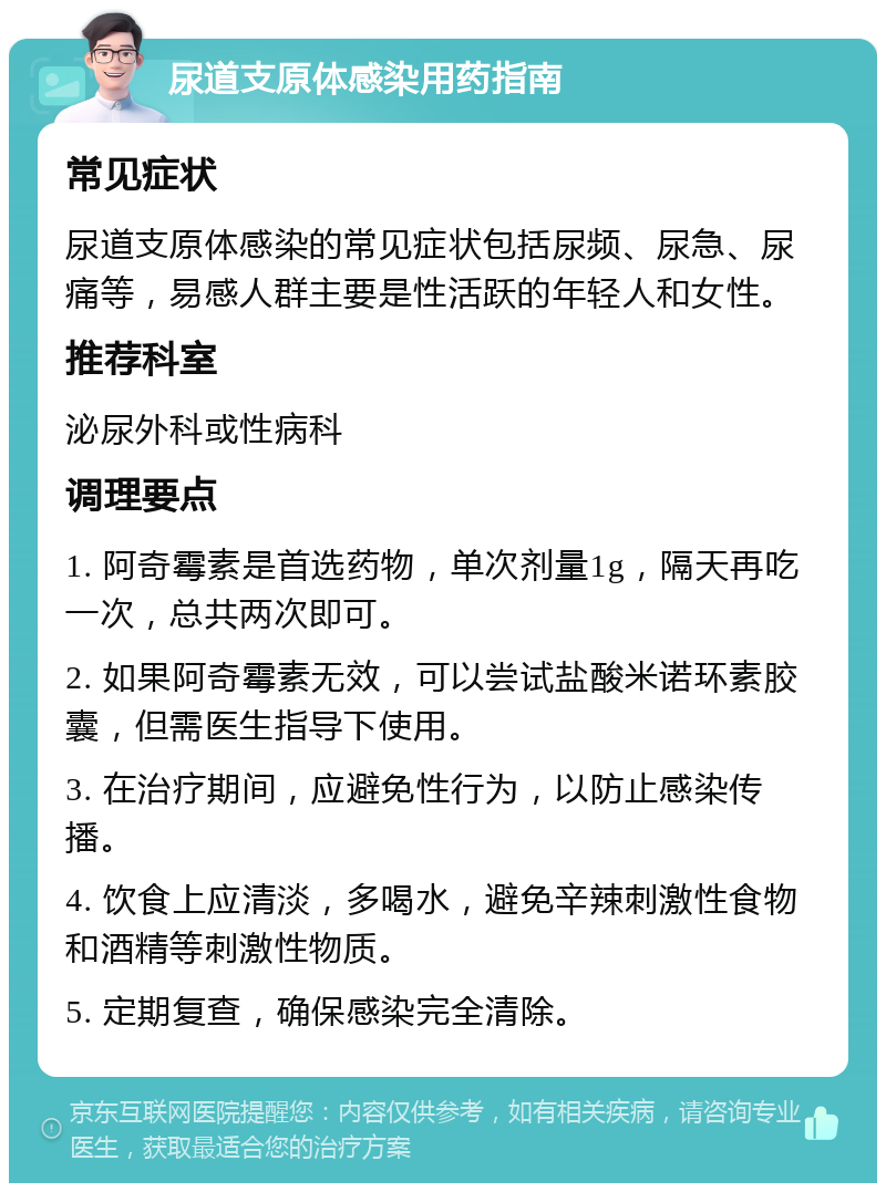 尿道支原体感染用药指南 常见症状 尿道支原体感染的常见症状包括尿频、尿急、尿痛等，易感人群主要是性活跃的年轻人和女性。 推荐科室 泌尿外科或性病科 调理要点 1. 阿奇霉素是首选药物，单次剂量1g，隔天再吃一次，总共两次即可。 2. 如果阿奇霉素无效，可以尝试盐酸米诺环素胶囊，但需医生指导下使用。 3. 在治疗期间，应避免性行为，以防止感染传播。 4. 饮食上应清淡，多喝水，避免辛辣刺激性食物和酒精等刺激性物质。 5. 定期复查，确保感染完全清除。