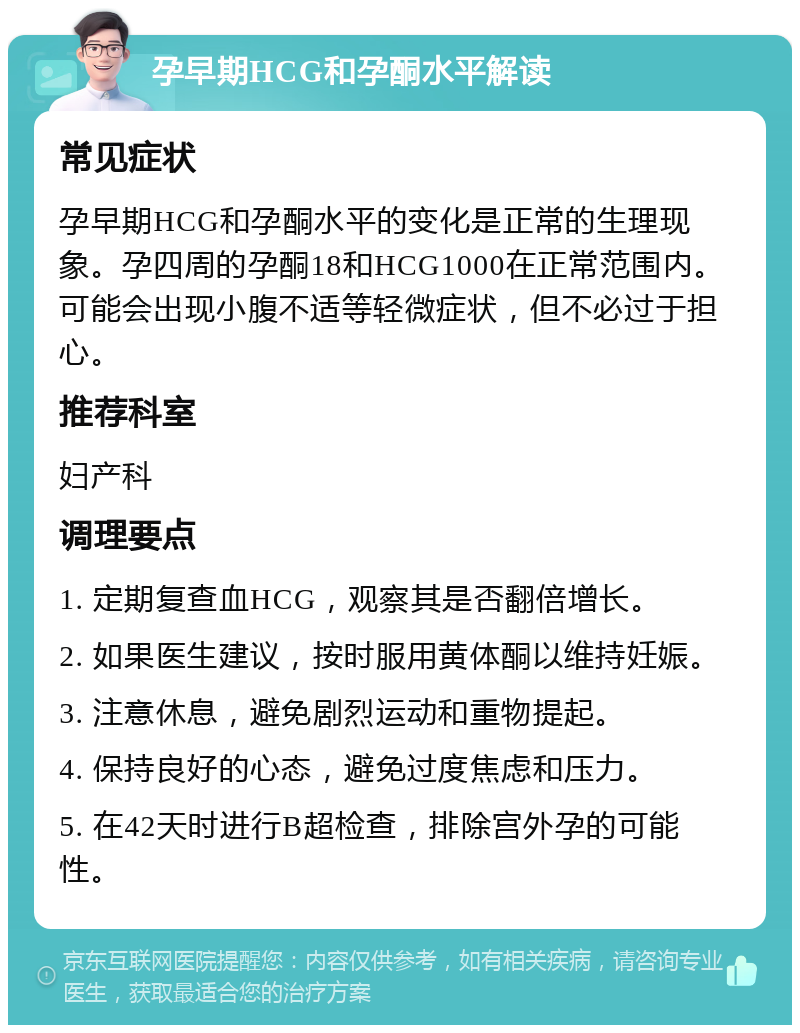 孕早期HCG和孕酮水平解读 常见症状 孕早期HCG和孕酮水平的变化是正常的生理现象。孕四周的孕酮18和HCG1000在正常范围内。可能会出现小腹不适等轻微症状，但不必过于担心。 推荐科室 妇产科 调理要点 1. 定期复查血HCG，观察其是否翻倍增长。 2. 如果医生建议，按时服用黄体酮以维持妊娠。 3. 注意休息，避免剧烈运动和重物提起。 4. 保持良好的心态，避免过度焦虑和压力。 5. 在42天时进行B超检查，排除宫外孕的可能性。