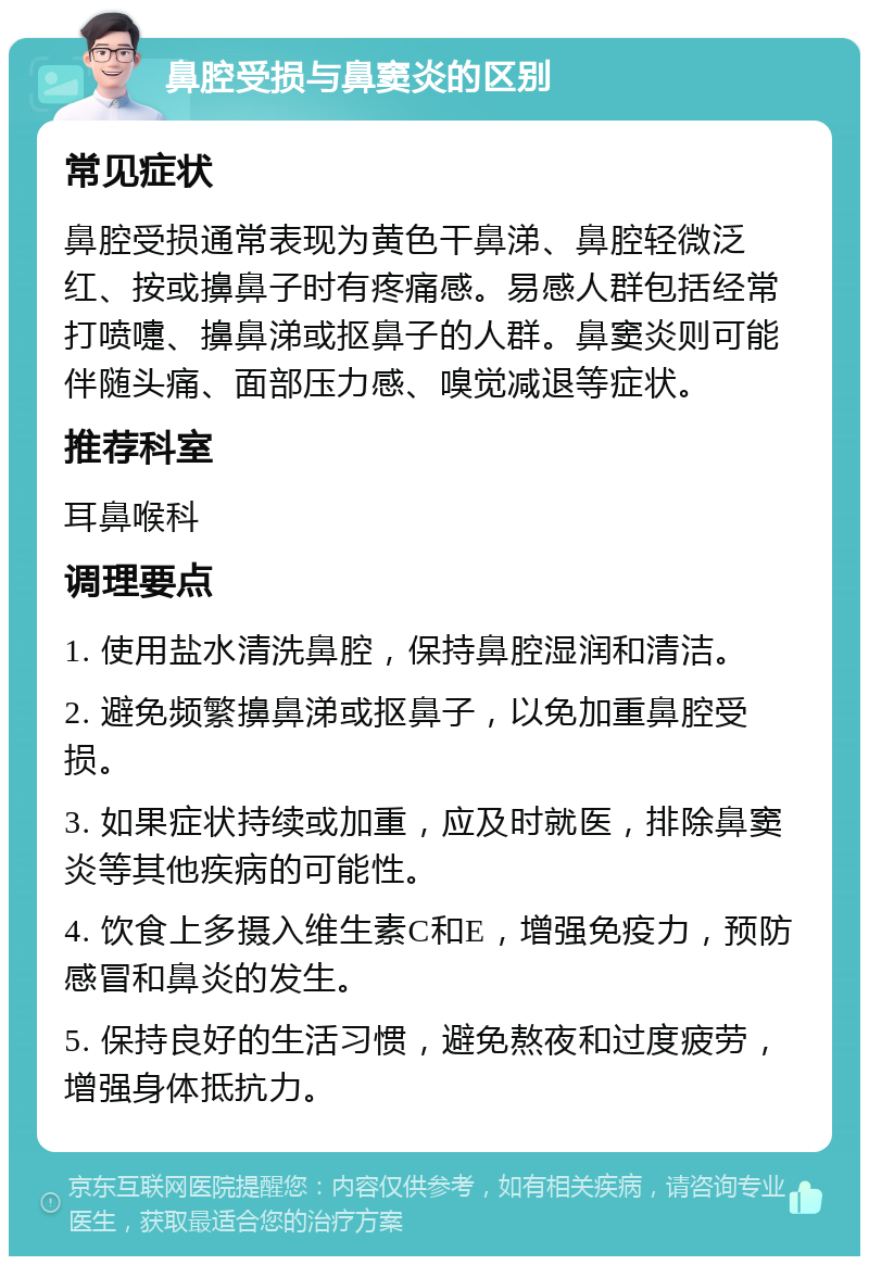 鼻腔受损与鼻窦炎的区别 常见症状 鼻腔受损通常表现为黄色干鼻涕、鼻腔轻微泛红、按或擤鼻子时有疼痛感。易感人群包括经常打喷嚏、擤鼻涕或抠鼻子的人群。鼻窦炎则可能伴随头痛、面部压力感、嗅觉减退等症状。 推荐科室 耳鼻喉科 调理要点 1. 使用盐水清洗鼻腔，保持鼻腔湿润和清洁。 2. 避免频繁擤鼻涕或抠鼻子，以免加重鼻腔受损。 3. 如果症状持续或加重，应及时就医，排除鼻窦炎等其他疾病的可能性。 4. 饮食上多摄入维生素C和E，增强免疫力，预防感冒和鼻炎的发生。 5. 保持良好的生活习惯，避免熬夜和过度疲劳，增强身体抵抗力。