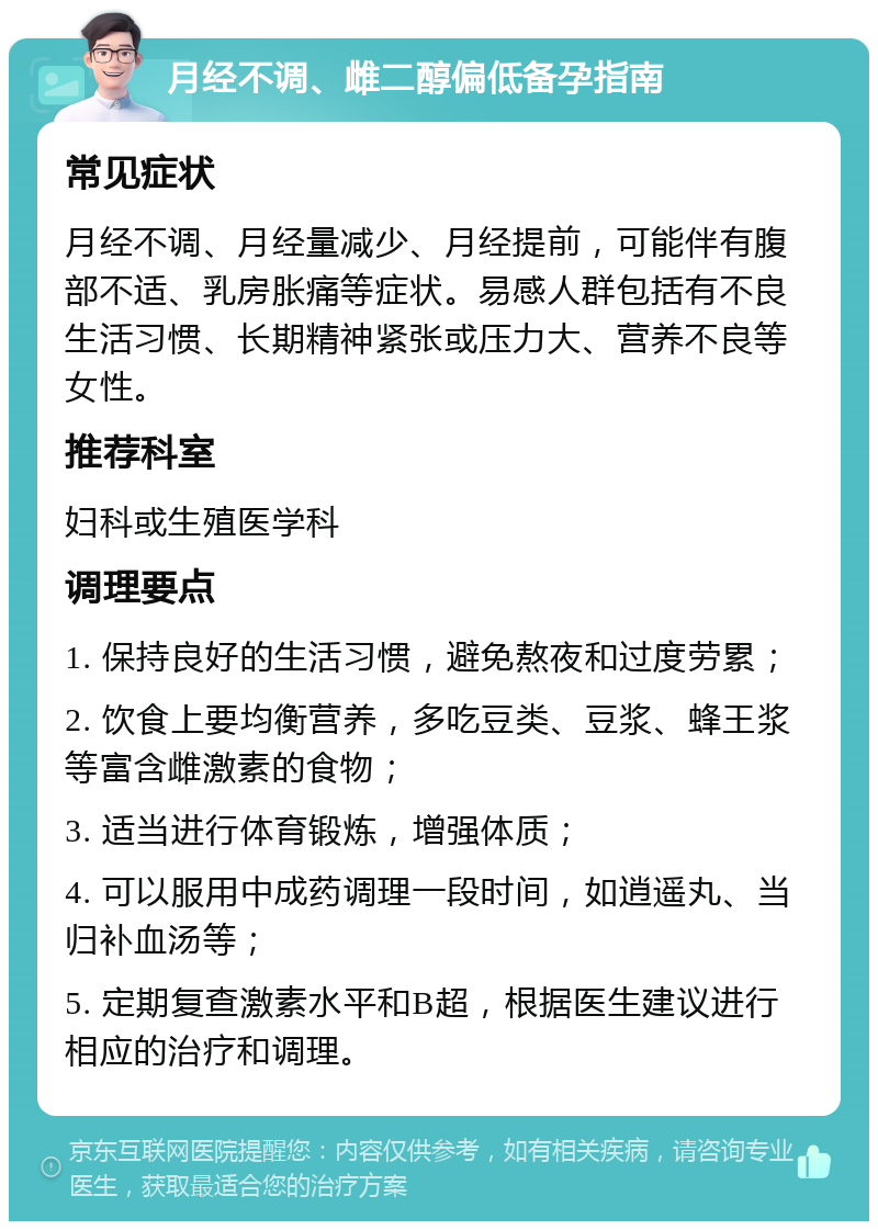 月经不调、雌二醇偏低备孕指南 常见症状 月经不调、月经量减少、月经提前，可能伴有腹部不适、乳房胀痛等症状。易感人群包括有不良生活习惯、长期精神紧张或压力大、营养不良等女性。 推荐科室 妇科或生殖医学科 调理要点 1. 保持良好的生活习惯，避免熬夜和过度劳累； 2. 饮食上要均衡营养，多吃豆类、豆浆、蜂王浆等富含雌激素的食物； 3. 适当进行体育锻炼，增强体质； 4. 可以服用中成药调理一段时间，如逍遥丸、当归补血汤等； 5. 定期复查激素水平和B超，根据医生建议进行相应的治疗和调理。