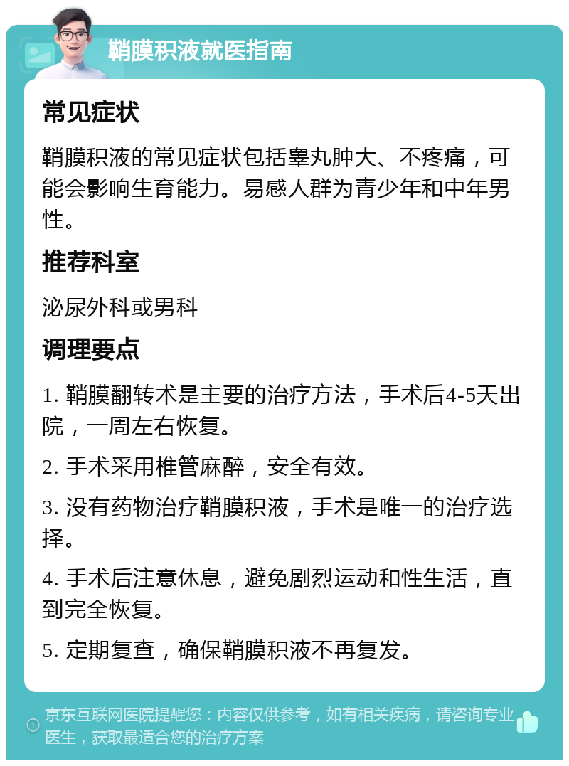 鞘膜积液就医指南 常见症状 鞘膜积液的常见症状包括睾丸肿大、不疼痛，可能会影响生育能力。易感人群为青少年和中年男性。 推荐科室 泌尿外科或男科 调理要点 1. 鞘膜翻转术是主要的治疗方法，手术后4-5天出院，一周左右恢复。 2. 手术采用椎管麻醉，安全有效。 3. 没有药物治疗鞘膜积液，手术是唯一的治疗选择。 4. 手术后注意休息，避免剧烈运动和性生活，直到完全恢复。 5. 定期复查，确保鞘膜积液不再复发。