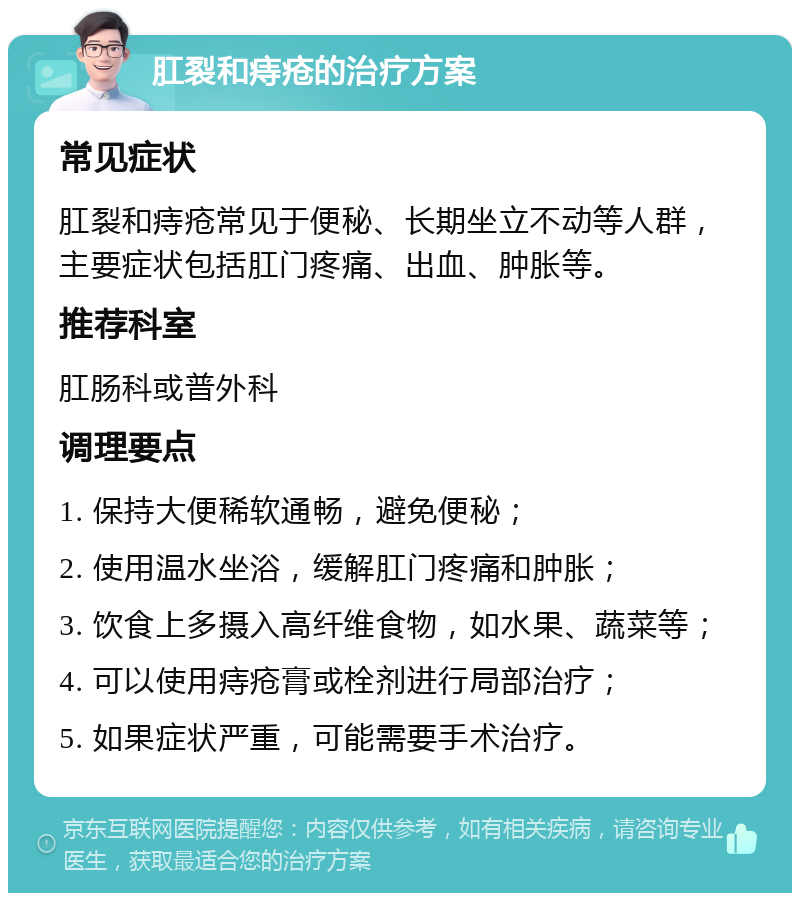 肛裂和痔疮的治疗方案 常见症状 肛裂和痔疮常见于便秘、长期坐立不动等人群，主要症状包括肛门疼痛、出血、肿胀等。 推荐科室 肛肠科或普外科 调理要点 1. 保持大便稀软通畅，避免便秘； 2. 使用温水坐浴，缓解肛门疼痛和肿胀； 3. 饮食上多摄入高纤维食物，如水果、蔬菜等； 4. 可以使用痔疮膏或栓剂进行局部治疗； 5. 如果症状严重，可能需要手术治疗。