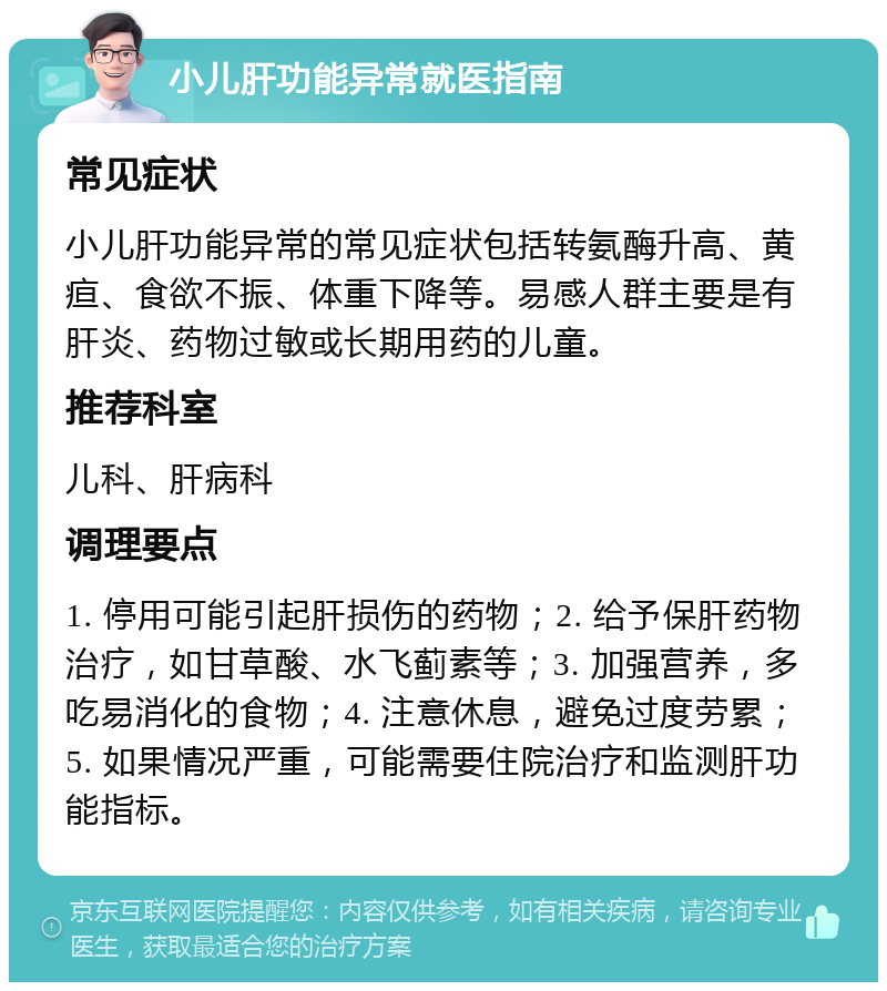 小儿肝功能异常就医指南 常见症状 小儿肝功能异常的常见症状包括转氨酶升高、黄疸、食欲不振、体重下降等。易感人群主要是有肝炎、药物过敏或长期用药的儿童。 推荐科室 儿科、肝病科 调理要点 1. 停用可能引起肝损伤的药物；2. 给予保肝药物治疗，如甘草酸、水飞蓟素等；3. 加强营养，多吃易消化的食物；4. 注意休息，避免过度劳累；5. 如果情况严重，可能需要住院治疗和监测肝功能指标。