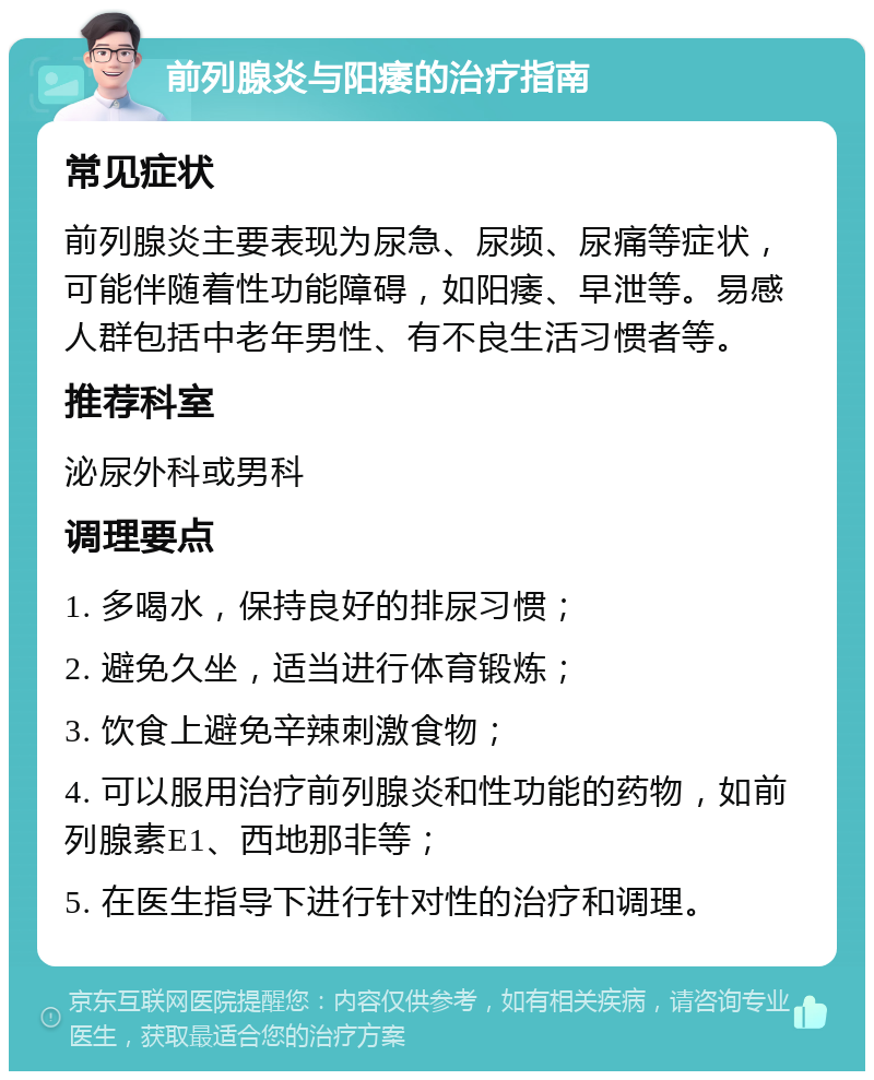 前列腺炎与阳痿的治疗指南 常见症状 前列腺炎主要表现为尿急、尿频、尿痛等症状，可能伴随着性功能障碍，如阳痿、早泄等。易感人群包括中老年男性、有不良生活习惯者等。 推荐科室 泌尿外科或男科 调理要点 1. 多喝水，保持良好的排尿习惯； 2. 避免久坐，适当进行体育锻炼； 3. 饮食上避免辛辣刺激食物； 4. 可以服用治疗前列腺炎和性功能的药物，如前列腺素E1、西地那非等； 5. 在医生指导下进行针对性的治疗和调理。