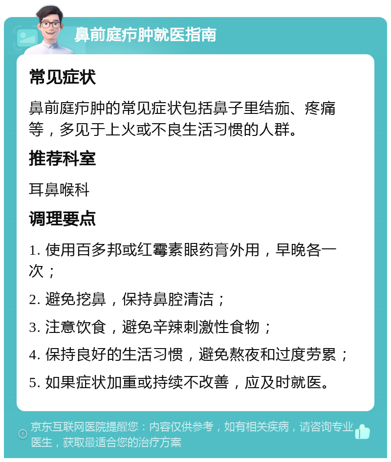 鼻前庭疖肿就医指南 常见症状 鼻前庭疖肿的常见症状包括鼻子里结痂、疼痛等，多见于上火或不良生活习惯的人群。 推荐科室 耳鼻喉科 调理要点 1. 使用百多邦或红霉素眼药膏外用，早晚各一次； 2. 避免挖鼻，保持鼻腔清洁； 3. 注意饮食，避免辛辣刺激性食物； 4. 保持良好的生活习惯，避免熬夜和过度劳累； 5. 如果症状加重或持续不改善，应及时就医。