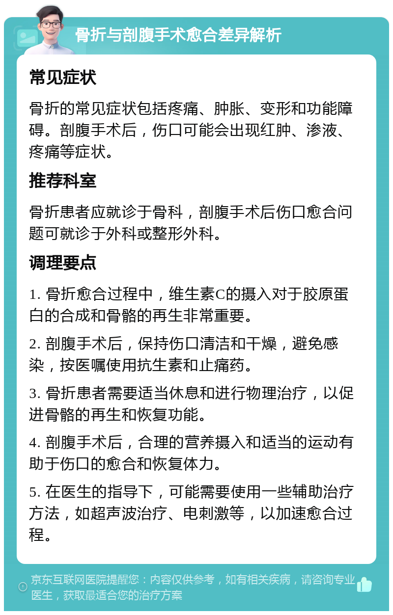 骨折与剖腹手术愈合差异解析 常见症状 骨折的常见症状包括疼痛、肿胀、变形和功能障碍。剖腹手术后，伤口可能会出现红肿、渗液、疼痛等症状。 推荐科室 骨折患者应就诊于骨科，剖腹手术后伤口愈合问题可就诊于外科或整形外科。 调理要点 1. 骨折愈合过程中，维生素C的摄入对于胶原蛋白的合成和骨骼的再生非常重要。 2. 剖腹手术后，保持伤口清洁和干燥，避免感染，按医嘱使用抗生素和止痛药。 3. 骨折患者需要适当休息和进行物理治疗，以促进骨骼的再生和恢复功能。 4. 剖腹手术后，合理的营养摄入和适当的运动有助于伤口的愈合和恢复体力。 5. 在医生的指导下，可能需要使用一些辅助治疗方法，如超声波治疗、电刺激等，以加速愈合过程。