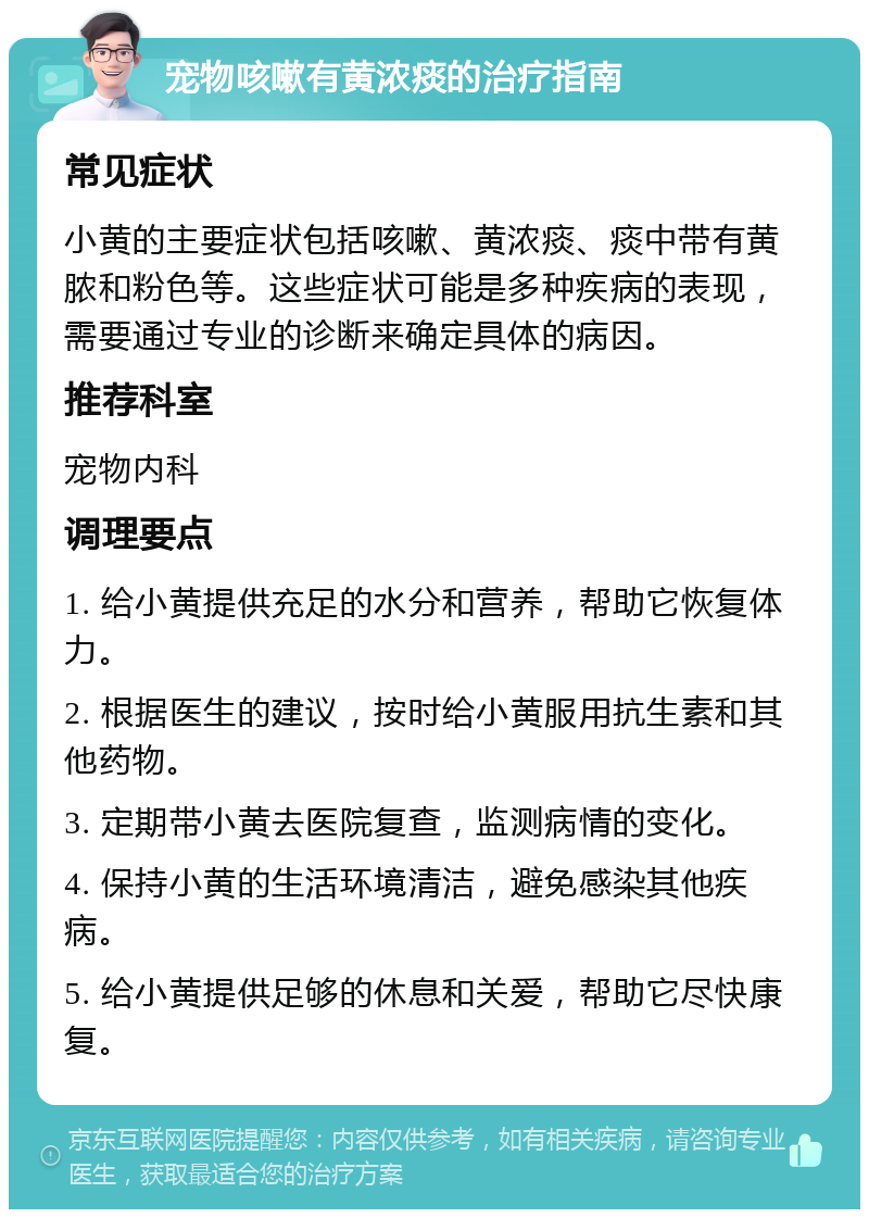 宠物咳嗽有黄浓痰的治疗指南 常见症状 小黄的主要症状包括咳嗽、黄浓痰、痰中带有黄脓和粉色等。这些症状可能是多种疾病的表现，需要通过专业的诊断来确定具体的病因。 推荐科室 宠物内科 调理要点 1. 给小黄提供充足的水分和营养，帮助它恢复体力。 2. 根据医生的建议，按时给小黄服用抗生素和其他药物。 3. 定期带小黄去医院复查，监测病情的变化。 4. 保持小黄的生活环境清洁，避免感染其他疾病。 5. 给小黄提供足够的休息和关爱，帮助它尽快康复。