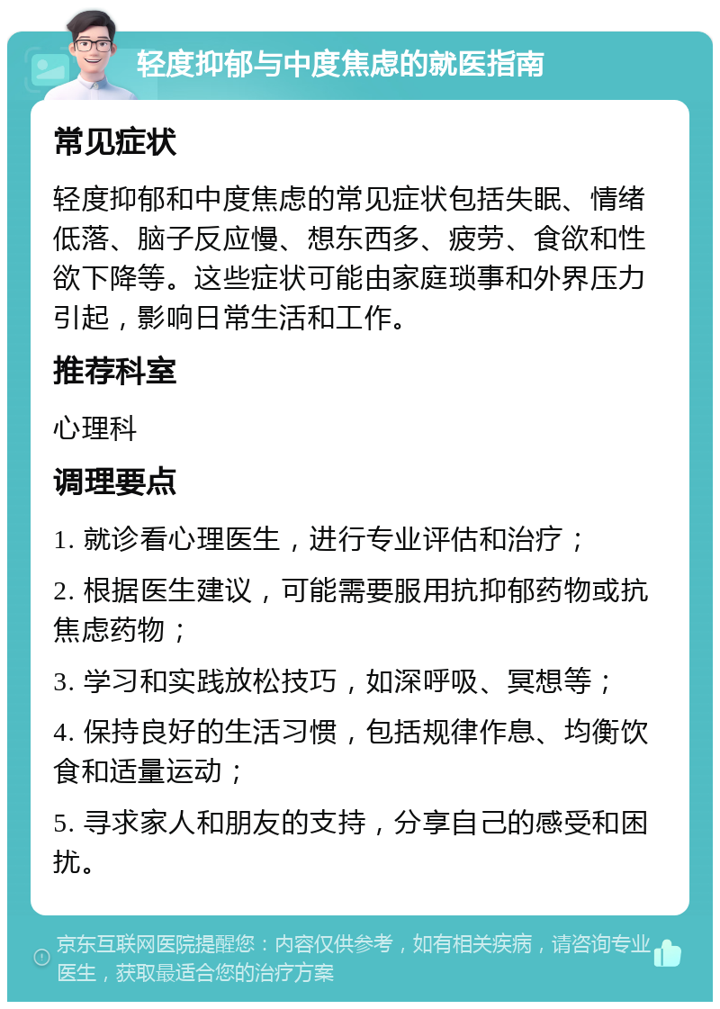 轻度抑郁与中度焦虑的就医指南 常见症状 轻度抑郁和中度焦虑的常见症状包括失眠、情绪低落、脑子反应慢、想东西多、疲劳、食欲和性欲下降等。这些症状可能由家庭琐事和外界压力引起，影响日常生活和工作。 推荐科室 心理科 调理要点 1. 就诊看心理医生，进行专业评估和治疗； 2. 根据医生建议，可能需要服用抗抑郁药物或抗焦虑药物； 3. 学习和实践放松技巧，如深呼吸、冥想等； 4. 保持良好的生活习惯，包括规律作息、均衡饮食和适量运动； 5. 寻求家人和朋友的支持，分享自己的感受和困扰。