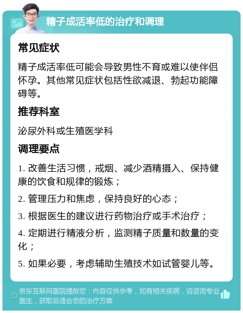 精子成活率低的治疗和调理 常见症状 精子成活率低可能会导致男性不育或难以使伴侣怀孕。其他常见症状包括性欲减退、勃起功能障碍等。 推荐科室 泌尿外科或生殖医学科 调理要点 1. 改善生活习惯，戒烟、减少酒精摄入、保持健康的饮食和规律的锻炼； 2. 管理压力和焦虑，保持良好的心态； 3. 根据医生的建议进行药物治疗或手术治疗； 4. 定期进行精液分析，监测精子质量和数量的变化； 5. 如果必要，考虑辅助生殖技术如试管婴儿等。