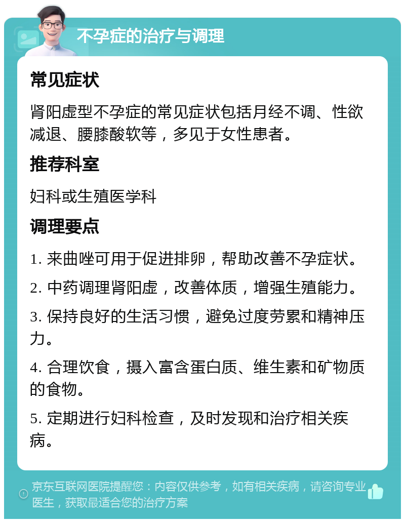 不孕症的治疗与调理 常见症状 肾阳虚型不孕症的常见症状包括月经不调、性欲减退、腰膝酸软等，多见于女性患者。 推荐科室 妇科或生殖医学科 调理要点 1. 来曲唑可用于促进排卵，帮助改善不孕症状。 2. 中药调理肾阳虚，改善体质，增强生殖能力。 3. 保持良好的生活习惯，避免过度劳累和精神压力。 4. 合理饮食，摄入富含蛋白质、维生素和矿物质的食物。 5. 定期进行妇科检查，及时发现和治疗相关疾病。