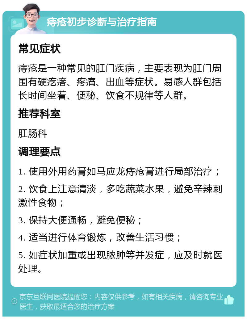 痔疮初步诊断与治疗指南 常见症状 痔疮是一种常见的肛门疾病，主要表现为肛门周围有硬疙瘩、疼痛、出血等症状。易感人群包括长时间坐着、便秘、饮食不规律等人群。 推荐科室 肛肠科 调理要点 1. 使用外用药膏如马应龙痔疮膏进行局部治疗； 2. 饮食上注意清淡，多吃蔬菜水果，避免辛辣刺激性食物； 3. 保持大便通畅，避免便秘； 4. 适当进行体育锻炼，改善生活习惯； 5. 如症状加重或出现脓肿等并发症，应及时就医处理。