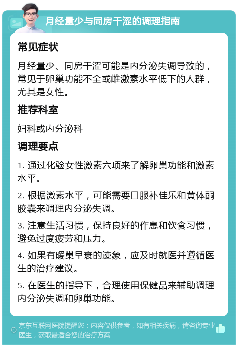 月经量少与同房干涩的调理指南 常见症状 月经量少、同房干涩可能是内分泌失调导致的，常见于卵巢功能不全或雌激素水平低下的人群，尤其是女性。 推荐科室 妇科或内分泌科 调理要点 1. 通过化验女性激素六项来了解卵巢功能和激素水平。 2. 根据激素水平，可能需要口服补佳乐和黄体酮胶囊来调理内分泌失调。 3. 注意生活习惯，保持良好的作息和饮食习惯，避免过度疲劳和压力。 4. 如果有暖巢早衰的迹象，应及时就医并遵循医生的治疗建议。 5. 在医生的指导下，合理使用保健品来辅助调理内分泌失调和卵巢功能。