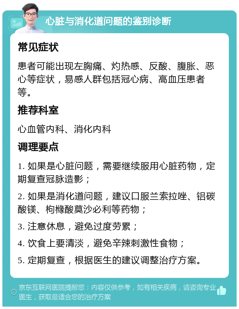 心脏与消化道问题的鉴别诊断 常见症状 患者可能出现左胸痛、灼热感、反酸、腹胀、恶心等症状，易感人群包括冠心病、高血压患者等。 推荐科室 心血管内科、消化内科 调理要点 1. 如果是心脏问题，需要继续服用心脏药物，定期复查冠脉造影； 2. 如果是消化道问题，建议口服兰索拉唑、铝碳酸镁、枸橼酸莫沙必利等药物； 3. 注意休息，避免过度劳累； 4. 饮食上要清淡，避免辛辣刺激性食物； 5. 定期复查，根据医生的建议调整治疗方案。