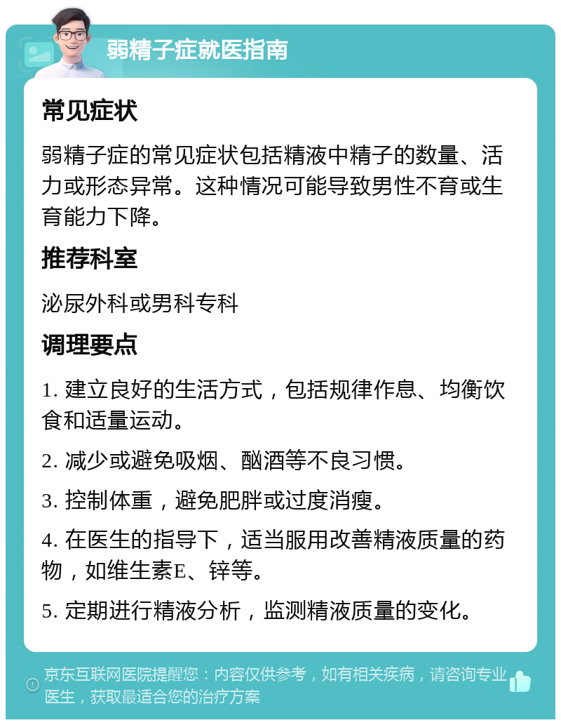 弱精子症就医指南 常见症状 弱精子症的常见症状包括精液中精子的数量、活力或形态异常。这种情况可能导致男性不育或生育能力下降。 推荐科室 泌尿外科或男科专科 调理要点 1. 建立良好的生活方式，包括规律作息、均衡饮食和适量运动。 2. 减少或避免吸烟、酗酒等不良习惯。 3. 控制体重，避免肥胖或过度消瘦。 4. 在医生的指导下，适当服用改善精液质量的药物，如维生素E、锌等。 5. 定期进行精液分析，监测精液质量的变化。