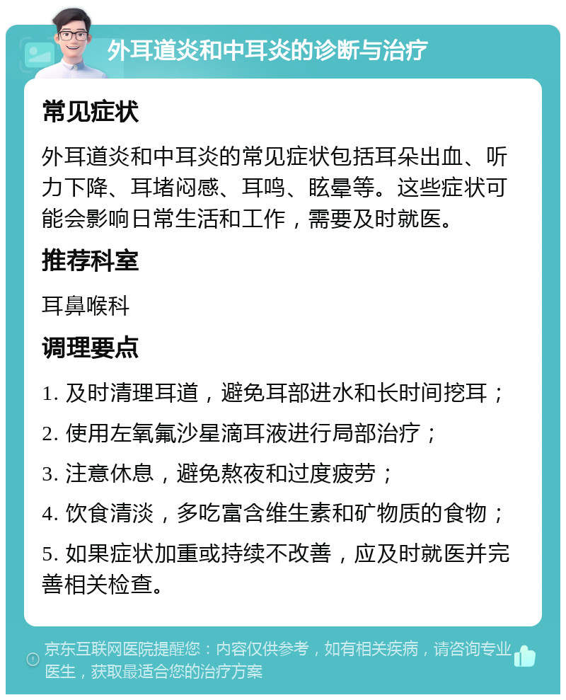 外耳道炎和中耳炎的诊断与治疗 常见症状 外耳道炎和中耳炎的常见症状包括耳朵出血、听力下降、耳堵闷感、耳鸣、眩晕等。这些症状可能会影响日常生活和工作，需要及时就医。 推荐科室 耳鼻喉科 调理要点 1. 及时清理耳道，避免耳部进水和长时间挖耳； 2. 使用左氧氟沙星滴耳液进行局部治疗； 3. 注意休息，避免熬夜和过度疲劳； 4. 饮食清淡，多吃富含维生素和矿物质的食物； 5. 如果症状加重或持续不改善，应及时就医并完善相关检查。