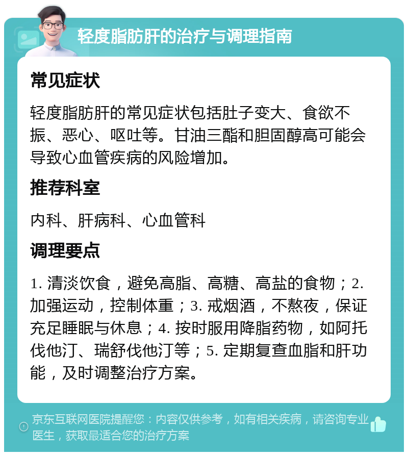 轻度脂肪肝的治疗与调理指南 常见症状 轻度脂肪肝的常见症状包括肚子变大、食欲不振、恶心、呕吐等。甘油三酯和胆固醇高可能会导致心血管疾病的风险增加。 推荐科室 内科、肝病科、心血管科 调理要点 1. 清淡饮食，避免高脂、高糖、高盐的食物；2. 加强运动，控制体重；3. 戒烟酒，不熬夜，保证充足睡眠与休息；4. 按时服用降脂药物，如阿托伐他汀、瑞舒伐他汀等；5. 定期复查血脂和肝功能，及时调整治疗方案。