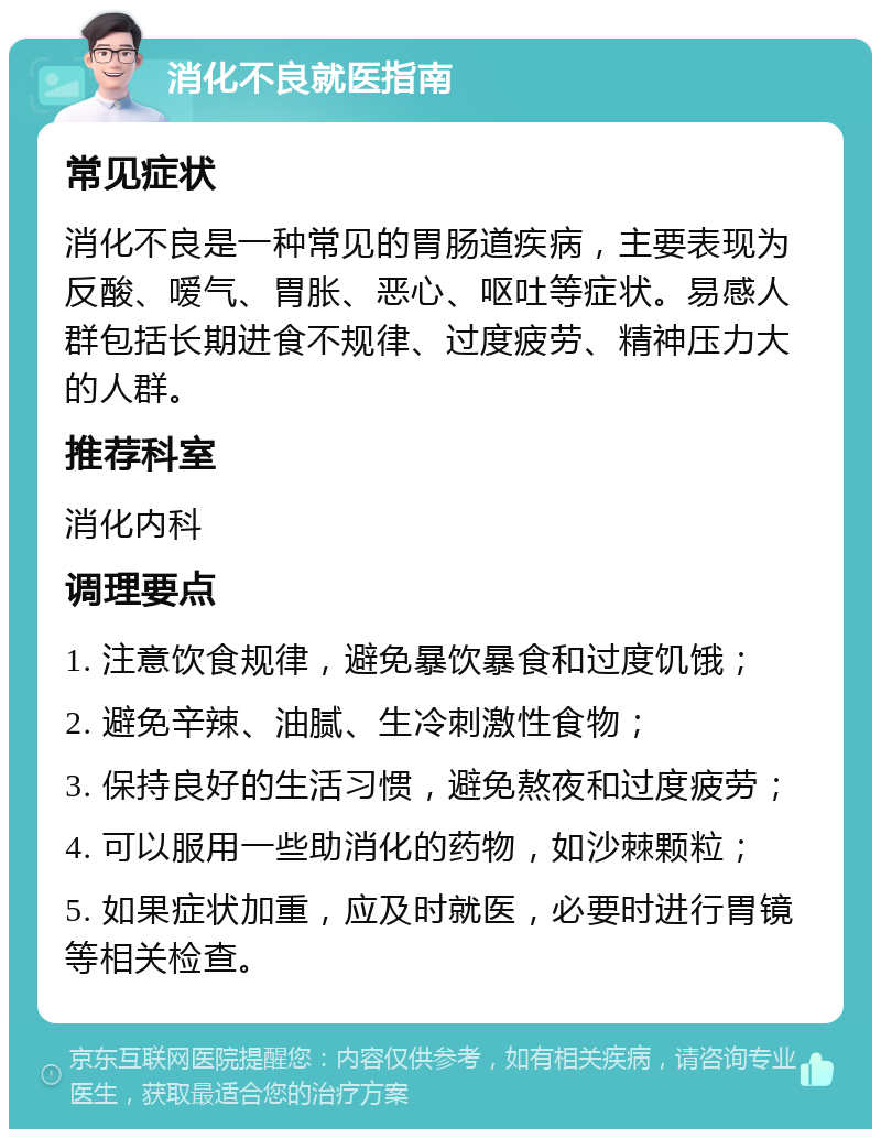 消化不良就医指南 常见症状 消化不良是一种常见的胃肠道疾病，主要表现为反酸、嗳气、胃胀、恶心、呕吐等症状。易感人群包括长期进食不规律、过度疲劳、精神压力大的人群。 推荐科室 消化内科 调理要点 1. 注意饮食规律，避免暴饮暴食和过度饥饿； 2. 避免辛辣、油腻、生冷刺激性食物； 3. 保持良好的生活习惯，避免熬夜和过度疲劳； 4. 可以服用一些助消化的药物，如沙棘颗粒； 5. 如果症状加重，应及时就医，必要时进行胃镜等相关检查。