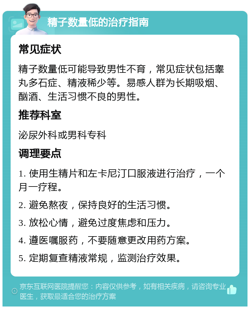 精子数量低的治疗指南 常见症状 精子数量低可能导致男性不育，常见症状包括睾丸多石症、精液稀少等。易感人群为长期吸烟、酗酒、生活习惯不良的男性。 推荐科室 泌尿外科或男科专科 调理要点 1. 使用生精片和左卡尼汀口服液进行治疗，一个月一疗程。 2. 避免熬夜，保持良好的生活习惯。 3. 放松心情，避免过度焦虑和压力。 4. 遵医嘱服药，不要随意更改用药方案。 5. 定期复查精液常规，监测治疗效果。