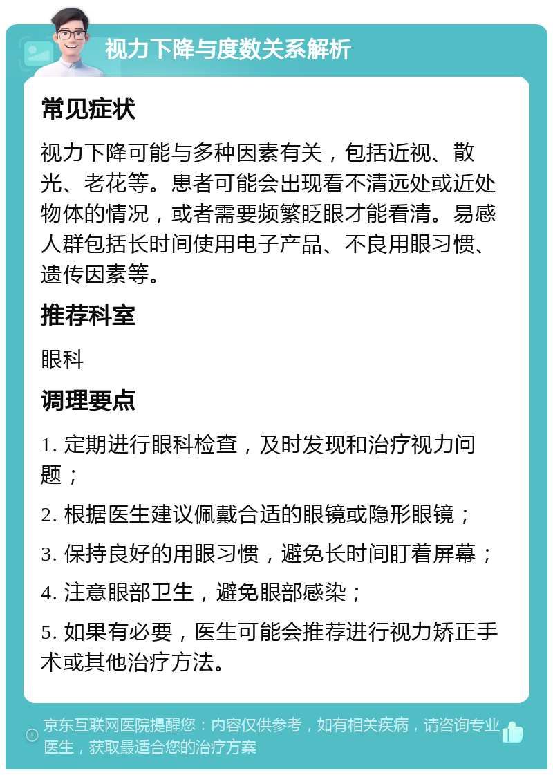 视力下降与度数关系解析 常见症状 视力下降可能与多种因素有关，包括近视、散光、老花等。患者可能会出现看不清远处或近处物体的情况，或者需要频繁眨眼才能看清。易感人群包括长时间使用电子产品、不良用眼习惯、遗传因素等。 推荐科室 眼科 调理要点 1. 定期进行眼科检查，及时发现和治疗视力问题； 2. 根据医生建议佩戴合适的眼镜或隐形眼镜； 3. 保持良好的用眼习惯，避免长时间盯着屏幕； 4. 注意眼部卫生，避免眼部感染； 5. 如果有必要，医生可能会推荐进行视力矫正手术或其他治疗方法。