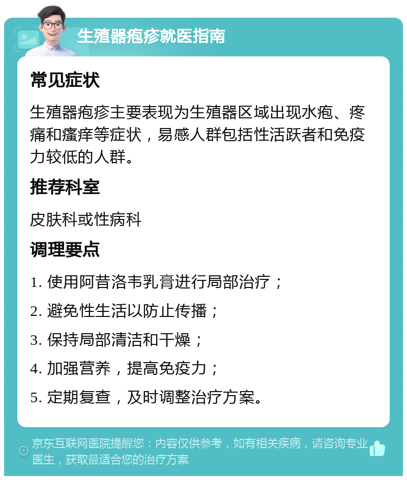 生殖器疱疹就医指南 常见症状 生殖器疱疹主要表现为生殖器区域出现水疱、疼痛和瘙痒等症状，易感人群包括性活跃者和免疫力较低的人群。 推荐科室 皮肤科或性病科 调理要点 1. 使用阿昔洛韦乳膏进行局部治疗； 2. 避免性生活以防止传播； 3. 保持局部清洁和干燥； 4. 加强营养，提高免疫力； 5. 定期复查，及时调整治疗方案。