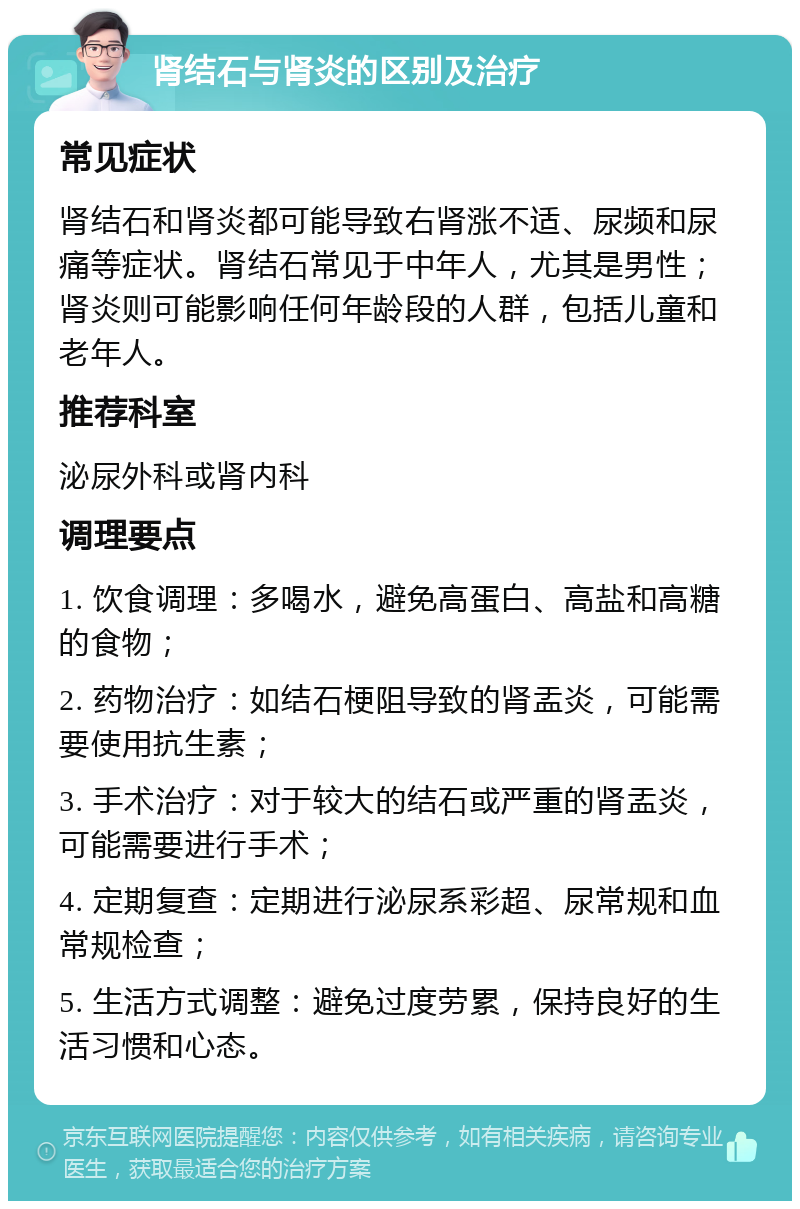 肾结石与肾炎的区别及治疗 常见症状 肾结石和肾炎都可能导致右肾涨不适、尿频和尿痛等症状。肾结石常见于中年人，尤其是男性；肾炎则可能影响任何年龄段的人群，包括儿童和老年人。 推荐科室 泌尿外科或肾内科 调理要点 1. 饮食调理：多喝水，避免高蛋白、高盐和高糖的食物； 2. 药物治疗：如结石梗阻导致的肾盂炎，可能需要使用抗生素； 3. 手术治疗：对于较大的结石或严重的肾盂炎，可能需要进行手术； 4. 定期复查：定期进行泌尿系彩超、尿常规和血常规检查； 5. 生活方式调整：避免过度劳累，保持良好的生活习惯和心态。