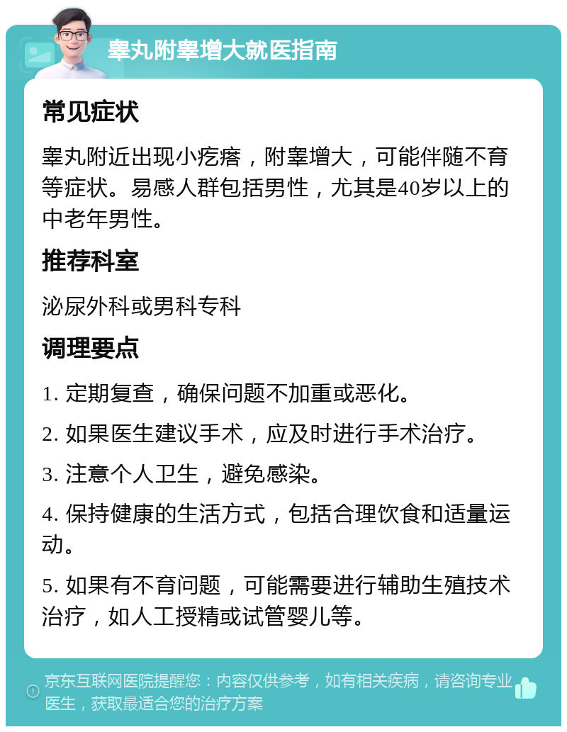 睾丸附睾增大就医指南 常见症状 睾丸附近出现小疙瘩，附睾增大，可能伴随不育等症状。易感人群包括男性，尤其是40岁以上的中老年男性。 推荐科室 泌尿外科或男科专科 调理要点 1. 定期复查，确保问题不加重或恶化。 2. 如果医生建议手术，应及时进行手术治疗。 3. 注意个人卫生，避免感染。 4. 保持健康的生活方式，包括合理饮食和适量运动。 5. 如果有不育问题，可能需要进行辅助生殖技术治疗，如人工授精或试管婴儿等。