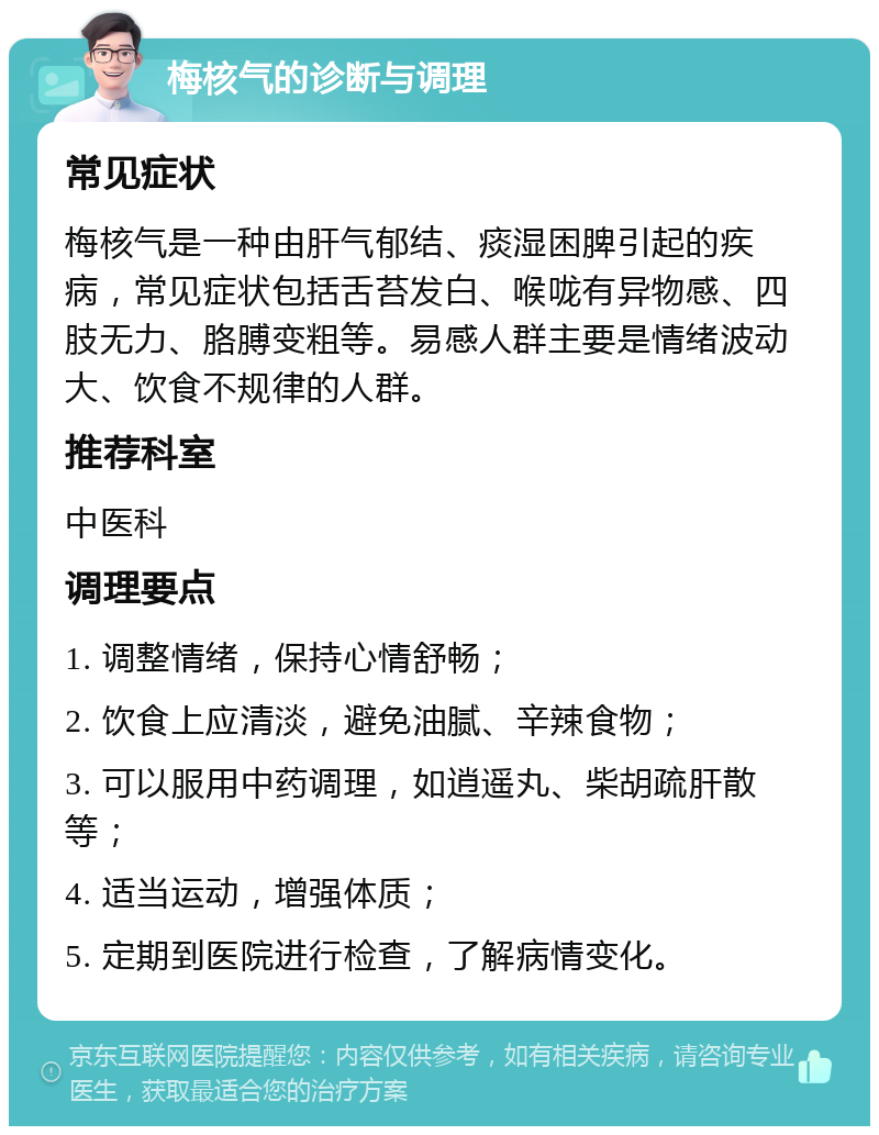 梅核气的诊断与调理 常见症状 梅核气是一种由肝气郁结、痰湿困脾引起的疾病，常见症状包括舌苔发白、喉咙有异物感、四肢无力、胳膊变粗等。易感人群主要是情绪波动大、饮食不规律的人群。 推荐科室 中医科 调理要点 1. 调整情绪，保持心情舒畅； 2. 饮食上应清淡，避免油腻、辛辣食物； 3. 可以服用中药调理，如逍遥丸、柴胡疏肝散等； 4. 适当运动，增强体质； 5. 定期到医院进行检查，了解病情变化。