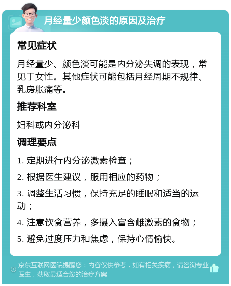 月经量少颜色淡的原因及治疗 常见症状 月经量少、颜色淡可能是内分泌失调的表现，常见于女性。其他症状可能包括月经周期不规律、乳房胀痛等。 推荐科室 妇科或内分泌科 调理要点 1. 定期进行内分泌激素检查； 2. 根据医生建议，服用相应的药物； 3. 调整生活习惯，保持充足的睡眠和适当的运动； 4. 注意饮食营养，多摄入富含雌激素的食物； 5. 避免过度压力和焦虑，保持心情愉快。