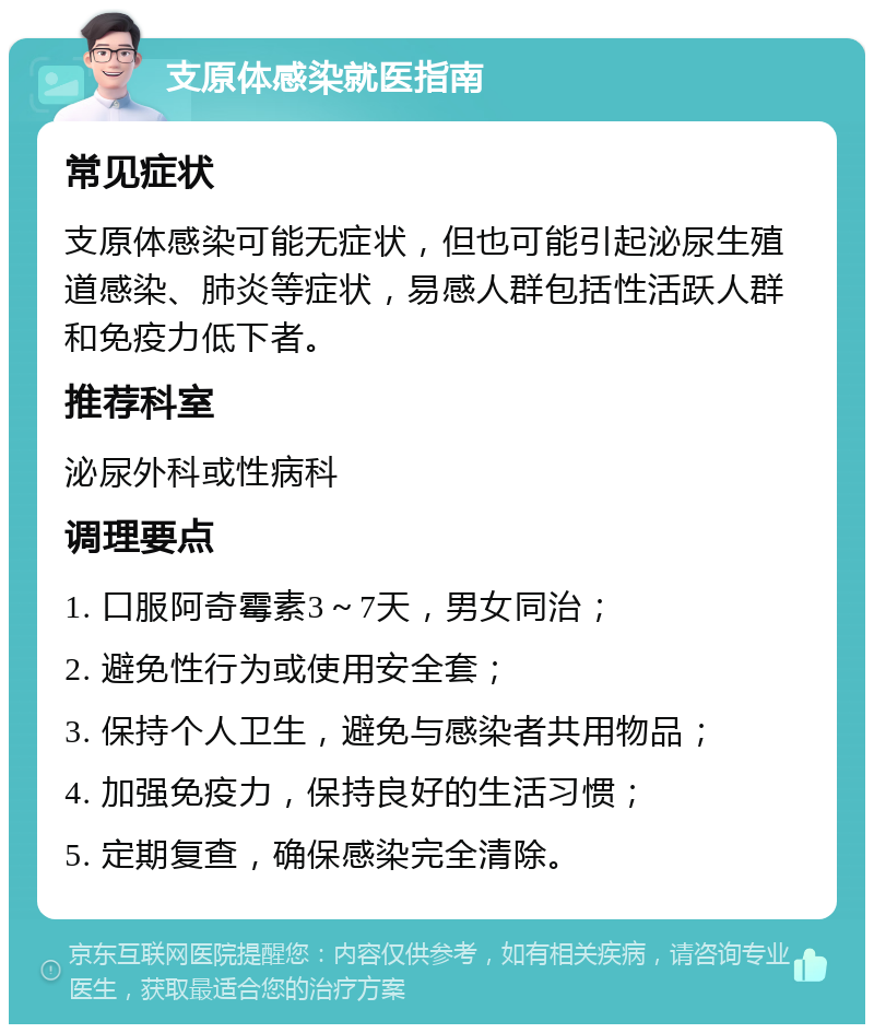 支原体感染就医指南 常见症状 支原体感染可能无症状，但也可能引起泌尿生殖道感染、肺炎等症状，易感人群包括性活跃人群和免疫力低下者。 推荐科室 泌尿外科或性病科 调理要点 1. 口服阿奇霉素3～7天，男女同治； 2. 避免性行为或使用安全套； 3. 保持个人卫生，避免与感染者共用物品； 4. 加强免疫力，保持良好的生活习惯； 5. 定期复查，确保感染完全清除。