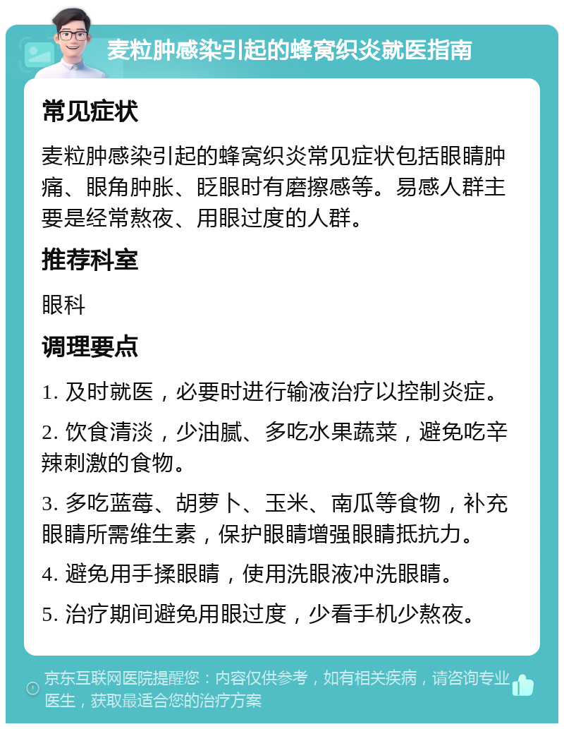 麦粒肿感染引起的蜂窝织炎就医指南 常见症状 麦粒肿感染引起的蜂窝织炎常见症状包括眼睛肿痛、眼角肿胀、眨眼时有磨擦感等。易感人群主要是经常熬夜、用眼过度的人群。 推荐科室 眼科 调理要点 1. 及时就医，必要时进行输液治疗以控制炎症。 2. 饮食清淡，少油腻、多吃水果蔬菜，避免吃辛辣刺激的食物。 3. 多吃蓝莓、胡萝卜、玉米、南瓜等食物，补充眼睛所需维生素，保护眼睛增强眼睛抵抗力。 4. 避免用手揉眼睛，使用洗眼液冲洗眼睛。 5. 治疗期间避免用眼过度，少看手机少熬夜。