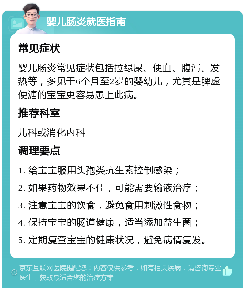 婴儿肠炎就医指南 常见症状 婴儿肠炎常见症状包括拉绿屎、便血、腹泻、发热等，多见于6个月至2岁的婴幼儿，尤其是脾虚便溏的宝宝更容易患上此病。 推荐科室 儿科或消化内科 调理要点 1. 给宝宝服用头孢类抗生素控制感染； 2. 如果药物效果不佳，可能需要输液治疗； 3. 注意宝宝的饮食，避免食用刺激性食物； 4. 保持宝宝的肠道健康，适当添加益生菌； 5. 定期复查宝宝的健康状况，避免病情复发。