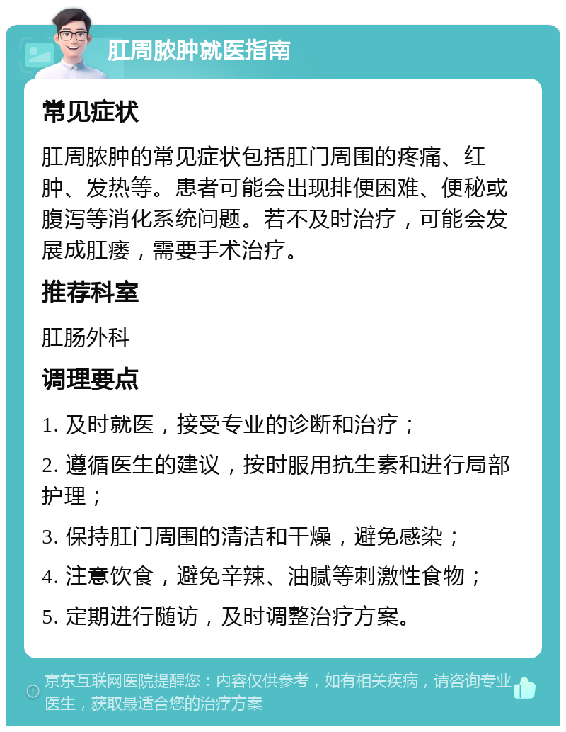 肛周脓肿就医指南 常见症状 肛周脓肿的常见症状包括肛门周围的疼痛、红肿、发热等。患者可能会出现排便困难、便秘或腹泻等消化系统问题。若不及时治疗，可能会发展成肛瘘，需要手术治疗。 推荐科室 肛肠外科 调理要点 1. 及时就医，接受专业的诊断和治疗； 2. 遵循医生的建议，按时服用抗生素和进行局部护理； 3. 保持肛门周围的清洁和干燥，避免感染； 4. 注意饮食，避免辛辣、油腻等刺激性食物； 5. 定期进行随访，及时调整治疗方案。