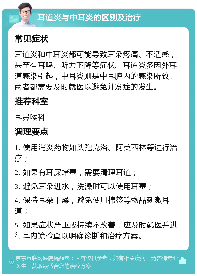 耳道炎与中耳炎的区别及治疗 常见症状 耳道炎和中耳炎都可能导致耳朵疼痛、不适感，甚至有耳鸣、听力下降等症状。耳道炎多因外耳道感染引起，中耳炎则是中耳腔内的感染所致。两者都需要及时就医以避免并发症的发生。 推荐科室 耳鼻喉科 调理要点 1. 使用消炎药物如头孢克洛、阿莫西林等进行治疗； 2. 如果有耳屎堵塞，需要清理耳道； 3. 避免耳朵进水，洗澡时可以使用耳塞； 4. 保持耳朵干燥，避免使用棉签等物品刺激耳道； 5. 如果症状严重或持续不改善，应及时就医并进行耳内镜检查以明确诊断和治疗方案。