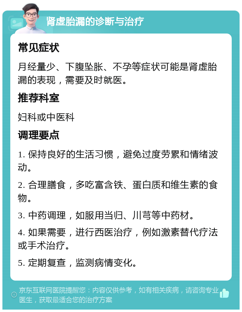 肾虚胎漏的诊断与治疗 常见症状 月经量少、下腹坠胀、不孕等症状可能是肾虚胎漏的表现，需要及时就医。 推荐科室 妇科或中医科 调理要点 1. 保持良好的生活习惯，避免过度劳累和情绪波动。 2. 合理膳食，多吃富含铁、蛋白质和维生素的食物。 3. 中药调理，如服用当归、川芎等中药材。 4. 如果需要，进行西医治疗，例如激素替代疗法或手术治疗。 5. 定期复查，监测病情变化。