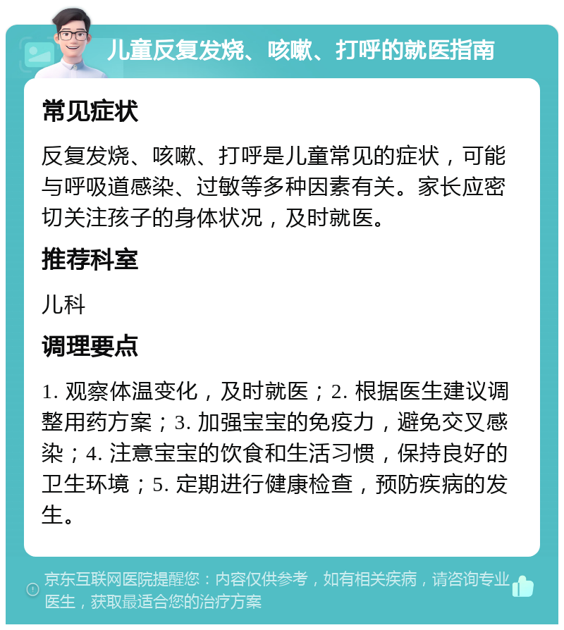 儿童反复发烧、咳嗽、打呼的就医指南 常见症状 反复发烧、咳嗽、打呼是儿童常见的症状，可能与呼吸道感染、过敏等多种因素有关。家长应密切关注孩子的身体状况，及时就医。 推荐科室 儿科 调理要点 1. 观察体温变化，及时就医；2. 根据医生建议调整用药方案；3. 加强宝宝的免疫力，避免交叉感染；4. 注意宝宝的饮食和生活习惯，保持良好的卫生环境；5. 定期进行健康检查，预防疾病的发生。