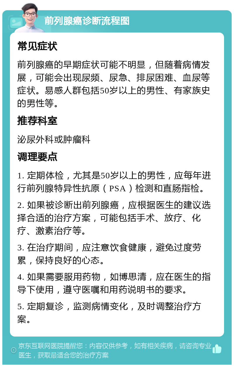 前列腺癌诊断流程图 常见症状 前列腺癌的早期症状可能不明显，但随着病情发展，可能会出现尿频、尿急、排尿困难、血尿等症状。易感人群包括50岁以上的男性、有家族史的男性等。 推荐科室 泌尿外科或肿瘤科 调理要点 1. 定期体检，尤其是50岁以上的男性，应每年进行前列腺特异性抗原（PSA）检测和直肠指检。 2. 如果被诊断出前列腺癌，应根据医生的建议选择合适的治疗方案，可能包括手术、放疗、化疗、激素治疗等。 3. 在治疗期间，应注意饮食健康，避免过度劳累，保持良好的心态。 4. 如果需要服用药物，如博思清，应在医生的指导下使用，遵守医嘱和用药说明书的要求。 5. 定期复诊，监测病情变化，及时调整治疗方案。