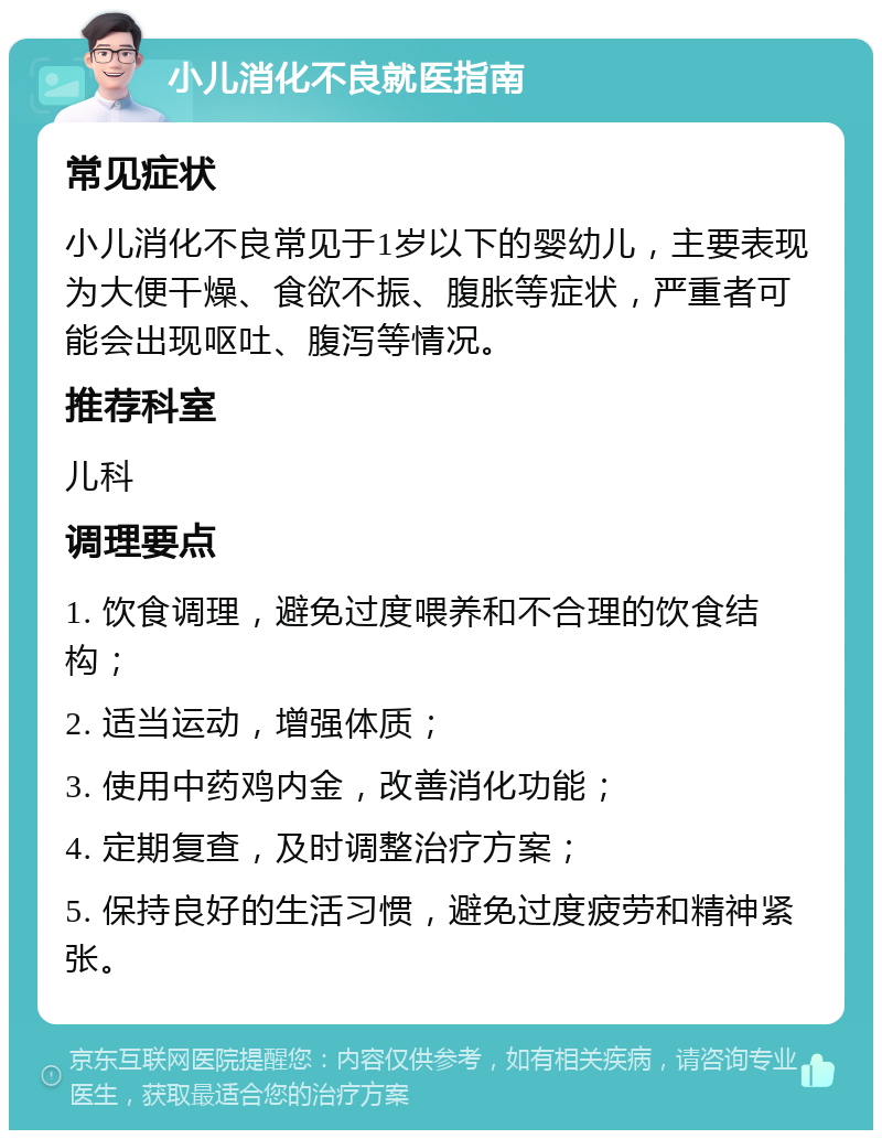 小儿消化不良就医指南 常见症状 小儿消化不良常见于1岁以下的婴幼儿，主要表现为大便干燥、食欲不振、腹胀等症状，严重者可能会出现呕吐、腹泻等情况。 推荐科室 儿科 调理要点 1. 饮食调理，避免过度喂养和不合理的饮食结构； 2. 适当运动，增强体质； 3. 使用中药鸡内金，改善消化功能； 4. 定期复查，及时调整治疗方案； 5. 保持良好的生活习惯，避免过度疲劳和精神紧张。