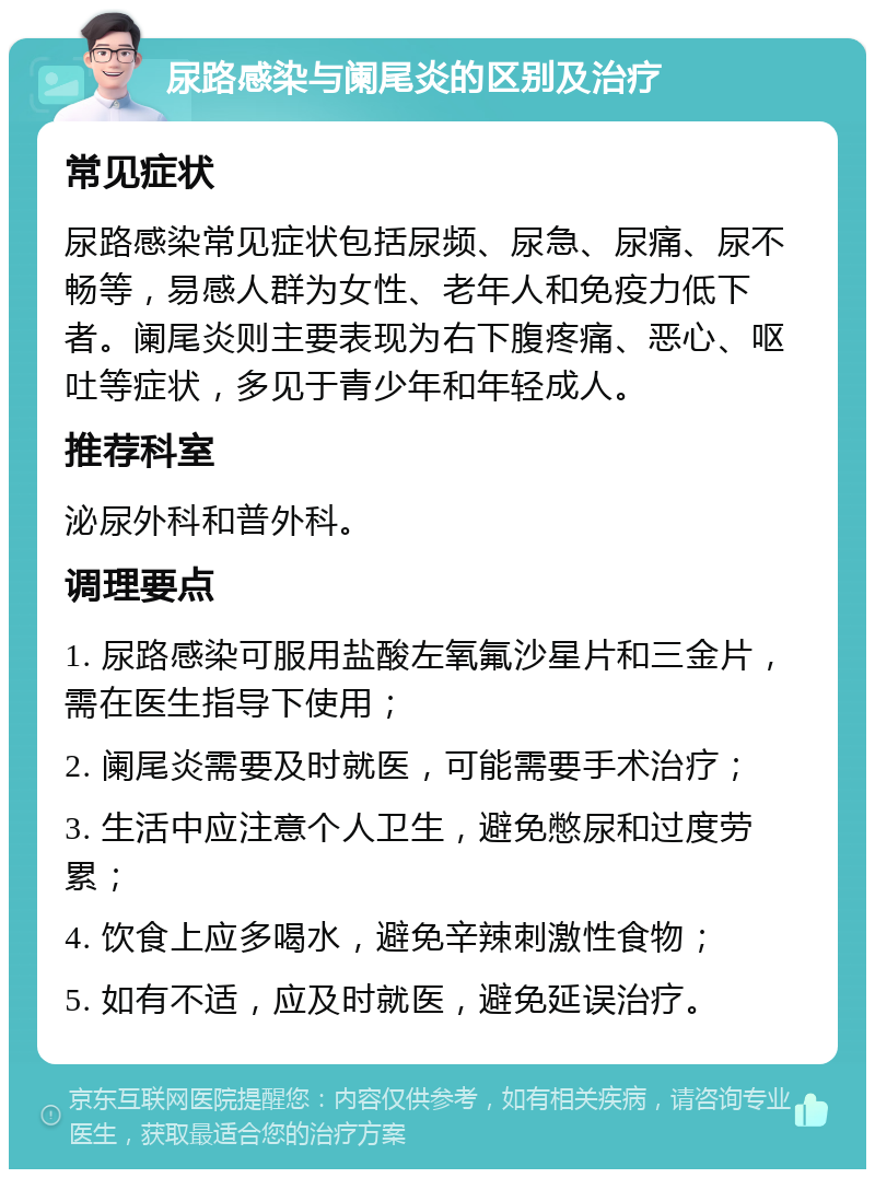 尿路感染与阑尾炎的区别及治疗 常见症状 尿路感染常见症状包括尿频、尿急、尿痛、尿不畅等，易感人群为女性、老年人和免疫力低下者。阑尾炎则主要表现为右下腹疼痛、恶心、呕吐等症状，多见于青少年和年轻成人。 推荐科室 泌尿外科和普外科。 调理要点 1. 尿路感染可服用盐酸左氧氟沙星片和三金片，需在医生指导下使用； 2. 阑尾炎需要及时就医，可能需要手术治疗； 3. 生活中应注意个人卫生，避免憋尿和过度劳累； 4. 饮食上应多喝水，避免辛辣刺激性食物； 5. 如有不适，应及时就医，避免延误治疗。